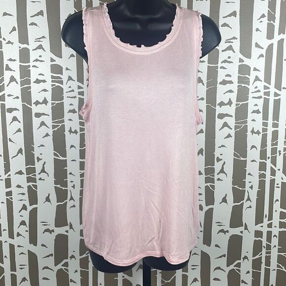 Ribbed Knit Lettuce Edge Ruffle Trim Tank Top XL Pink - Picture 1 of 8